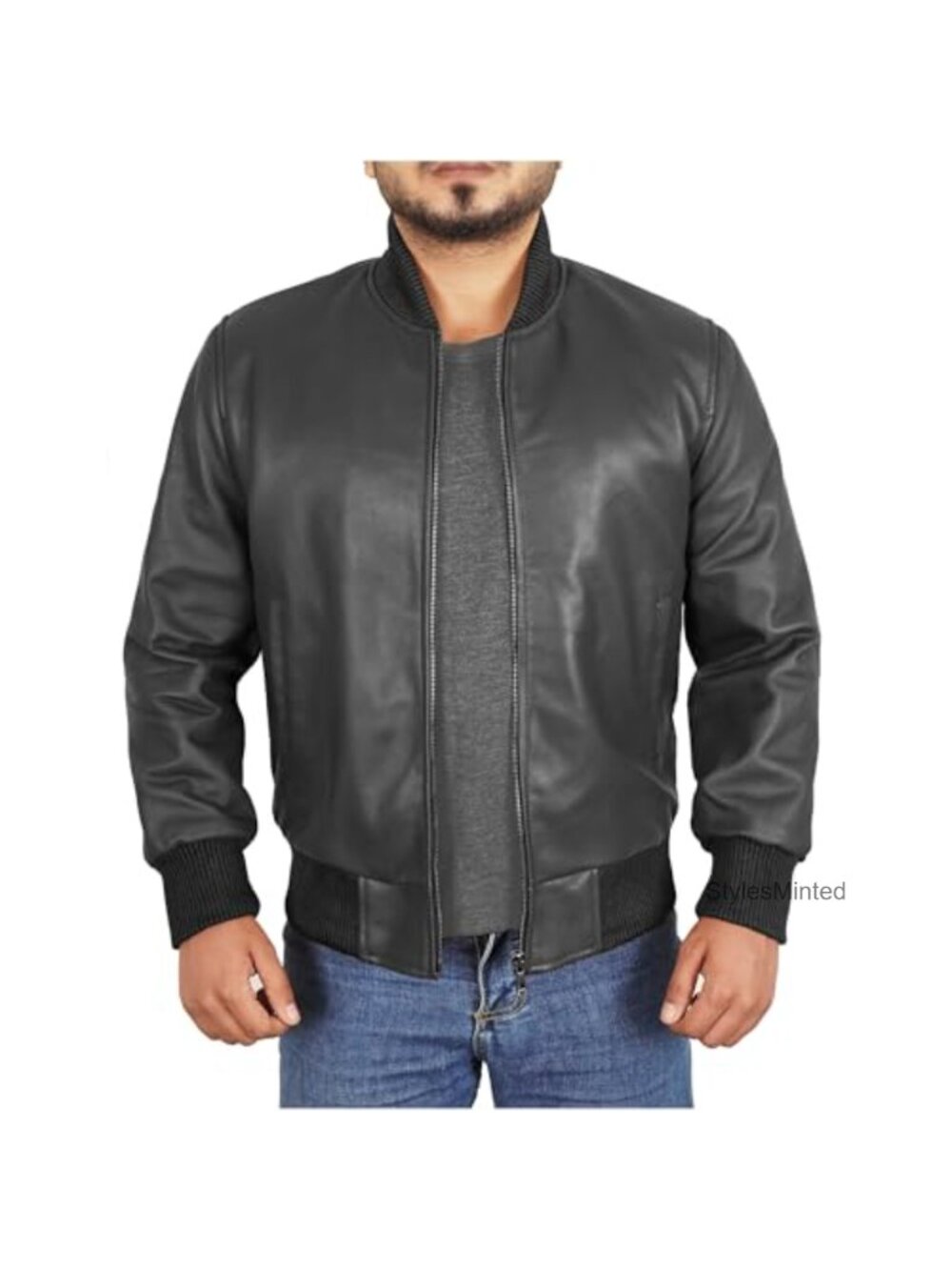 Real Lambskin Leather Bomber Jacket Men - Ribbed Casual Moto Style
